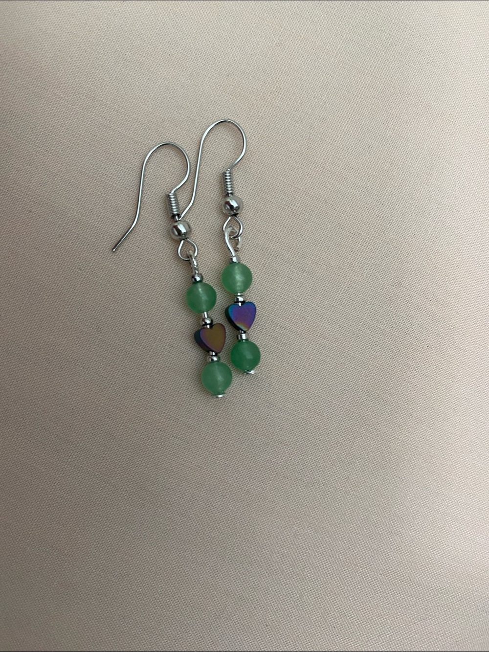 Green Bead Heart Dangle Earrings with Iridescent Hearts